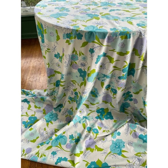 Vintage 1970s flat/top sheet, blue, purple green, floral, full/ double size bed - Picture 2 of 10
